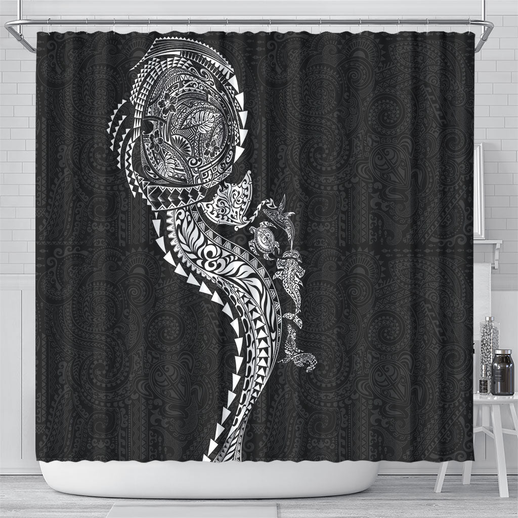Hawaiian Kakau Tribal Sea Animals Tattoos Shower Curtain Black Color
