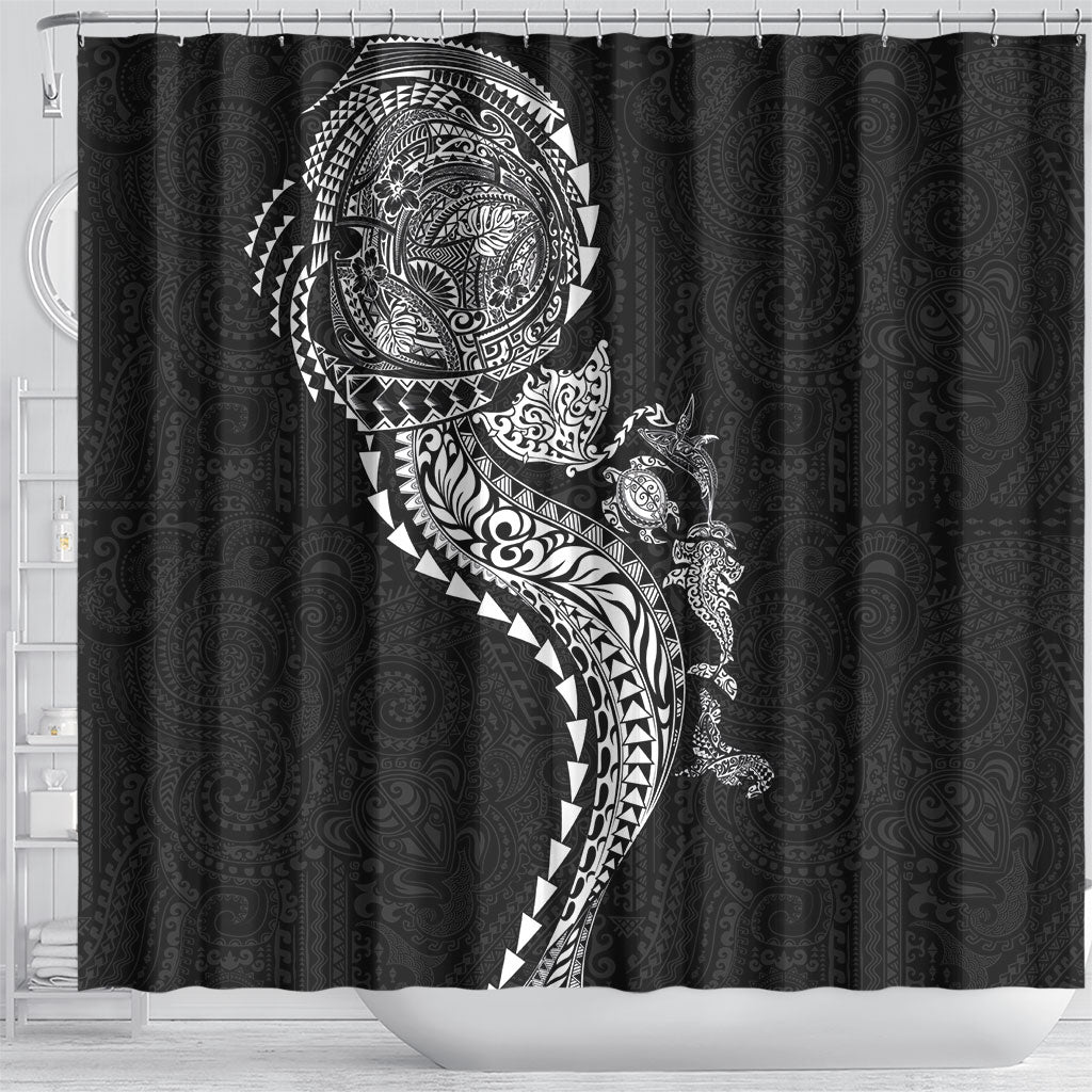 Hawaiian Kakau Tribal Sea Animals Tattoos Shower Curtain Black Color