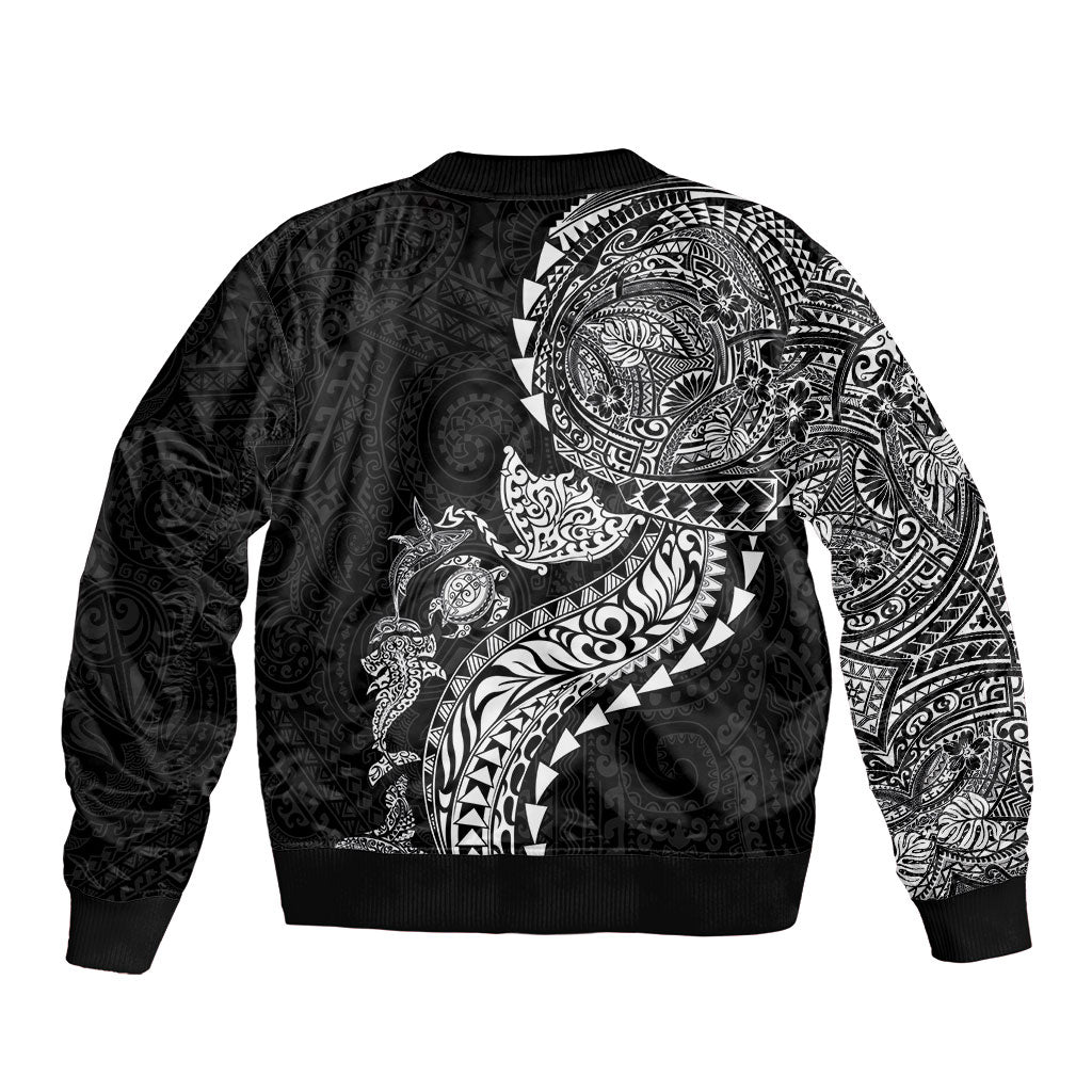 Hawaiian Kakau Tribal Sea Animals Tattoos Sleeve Zip Bomber Jacket Black Color