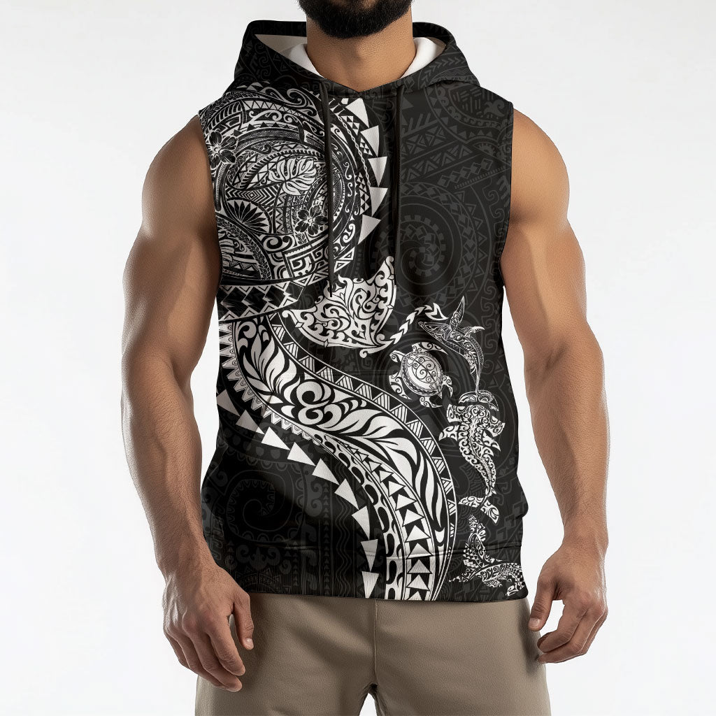 Hawaiian Kakau Tribal Sea Animals Tattoos Sleeveless Hoodie Black Color LT03 - Polynesian Pride