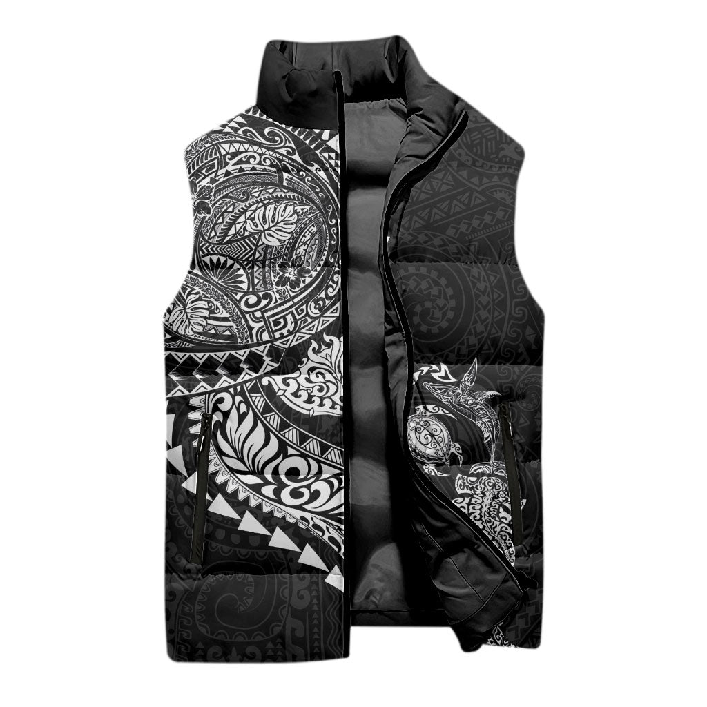 Hawaiian Kakau Tribal Sea Animals Tattoos Sleeveless Puffer Jacket Black Color