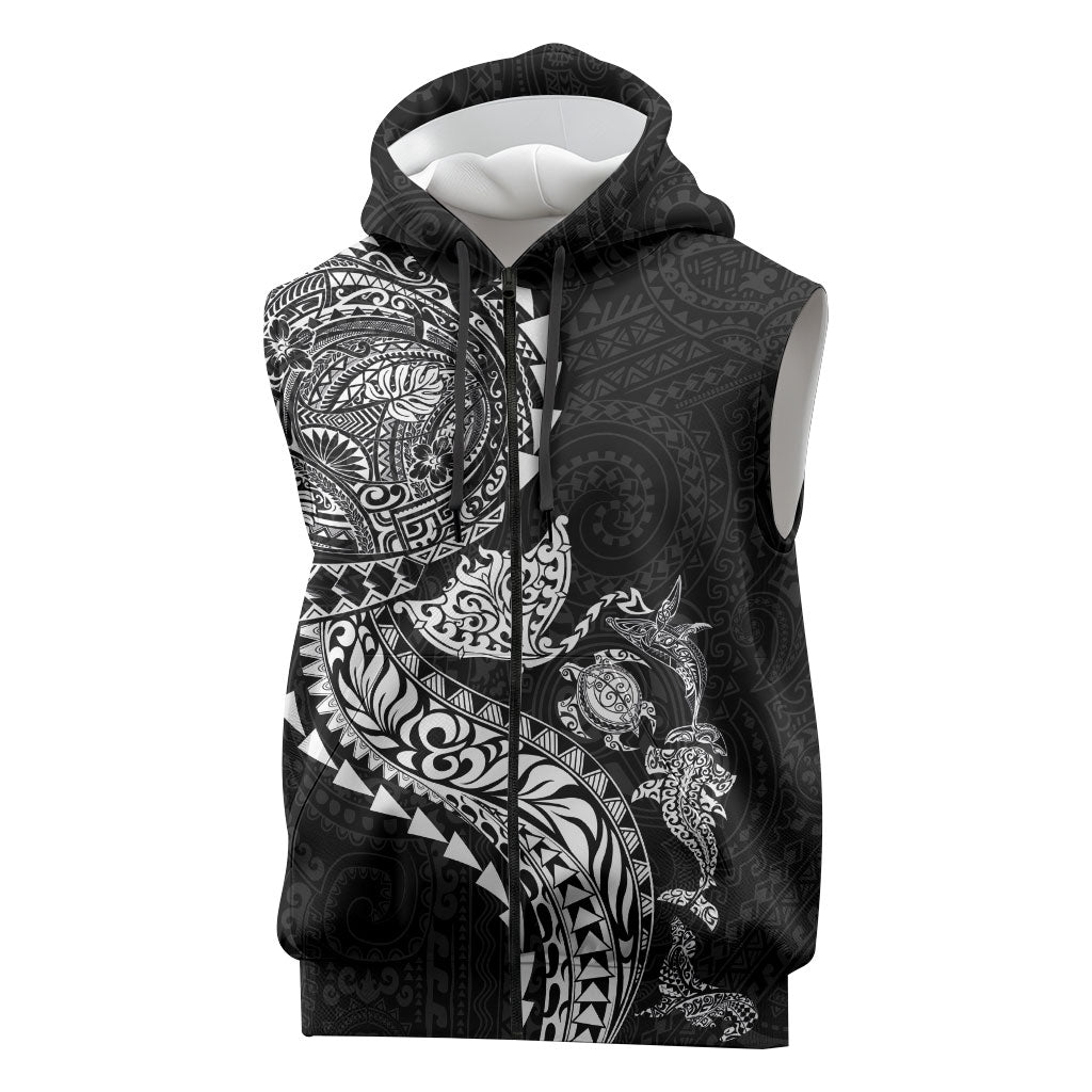 Hawaiian Kakau Tribal Sea Animals Tattoos Sleeveless Zip Hoodie Black Color