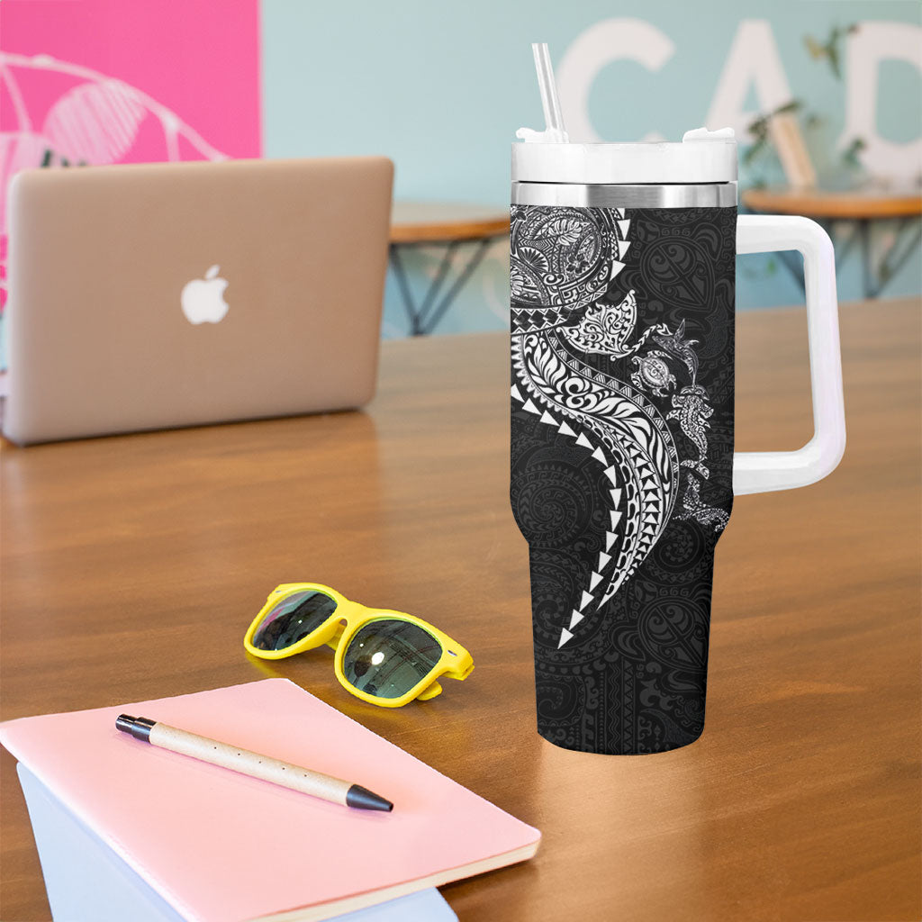 Hawaiian Kakau Tribal Sea Animals Tattoos Tumbler With Handle Black Color