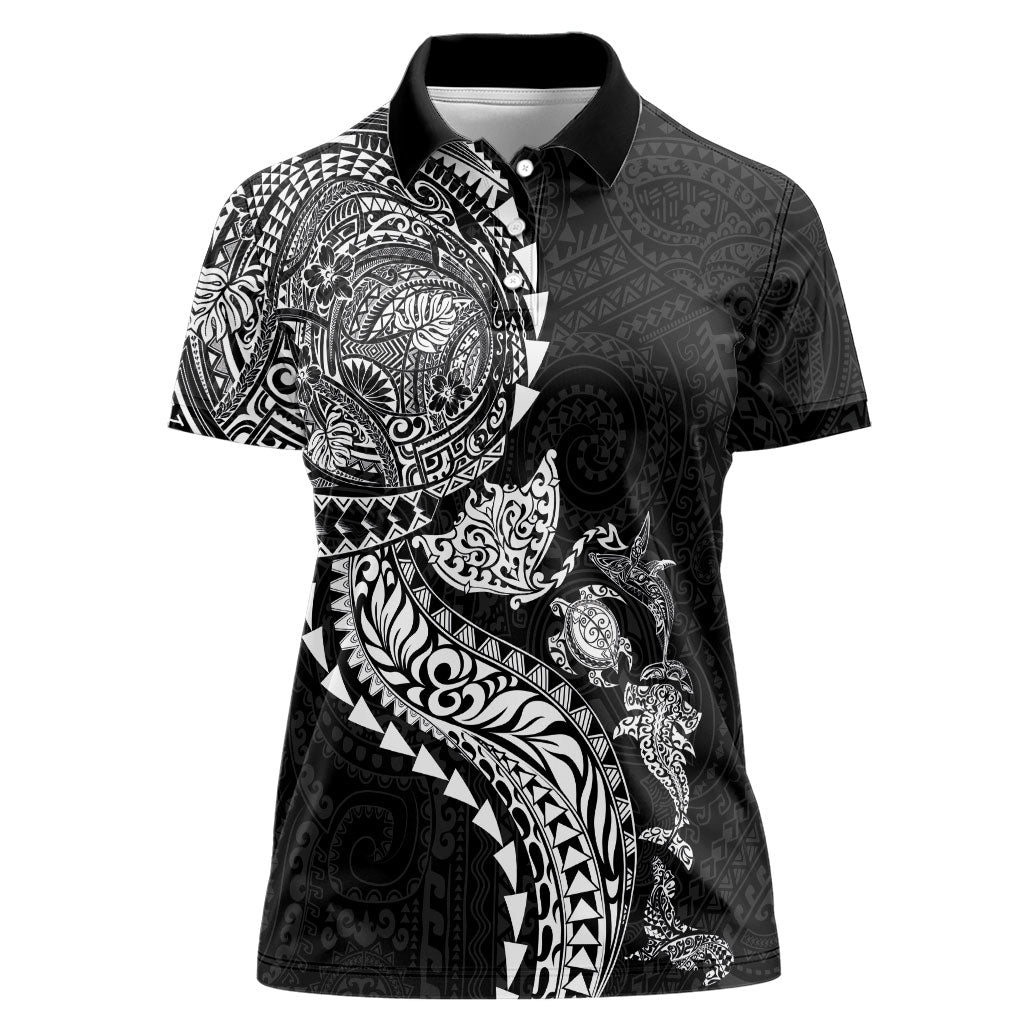 Hawaiian Kakau Tribal Sea Animals Tattoos Women Polo Shirt Black Color LT03 Female Black - Polynesian Pride