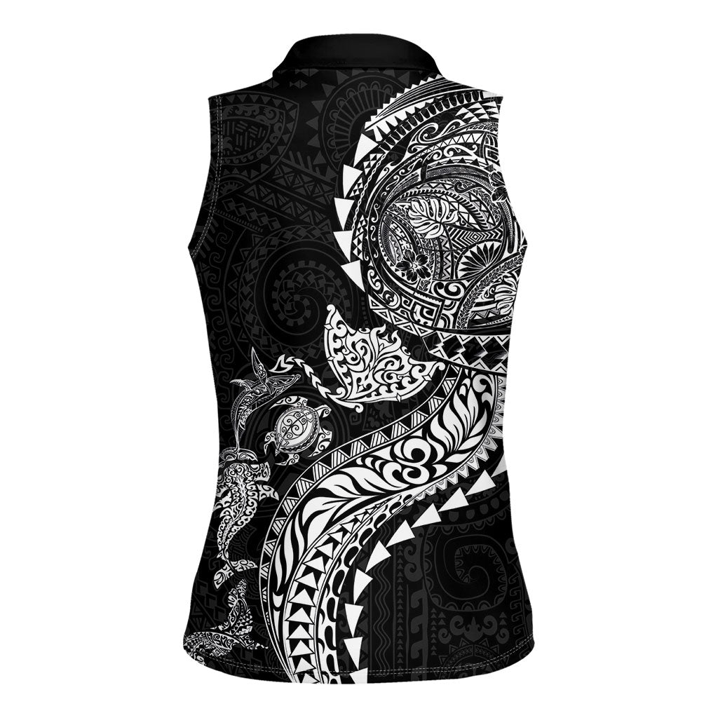 Hawaiian Kakau Tribal Sea Animals Tattoos Women Sleeveless Polo Shirt Black Color LT03 - Polynesian Pride