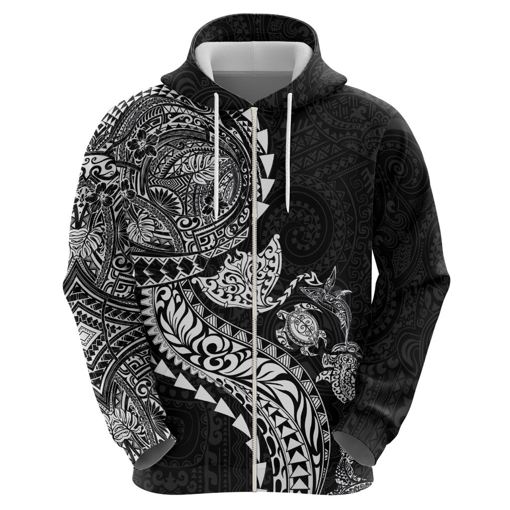 Hawaiian Kakau Tribal Sea Animals Tattoos Zip Hoodie Black Color LT03 - Polynesian Pride