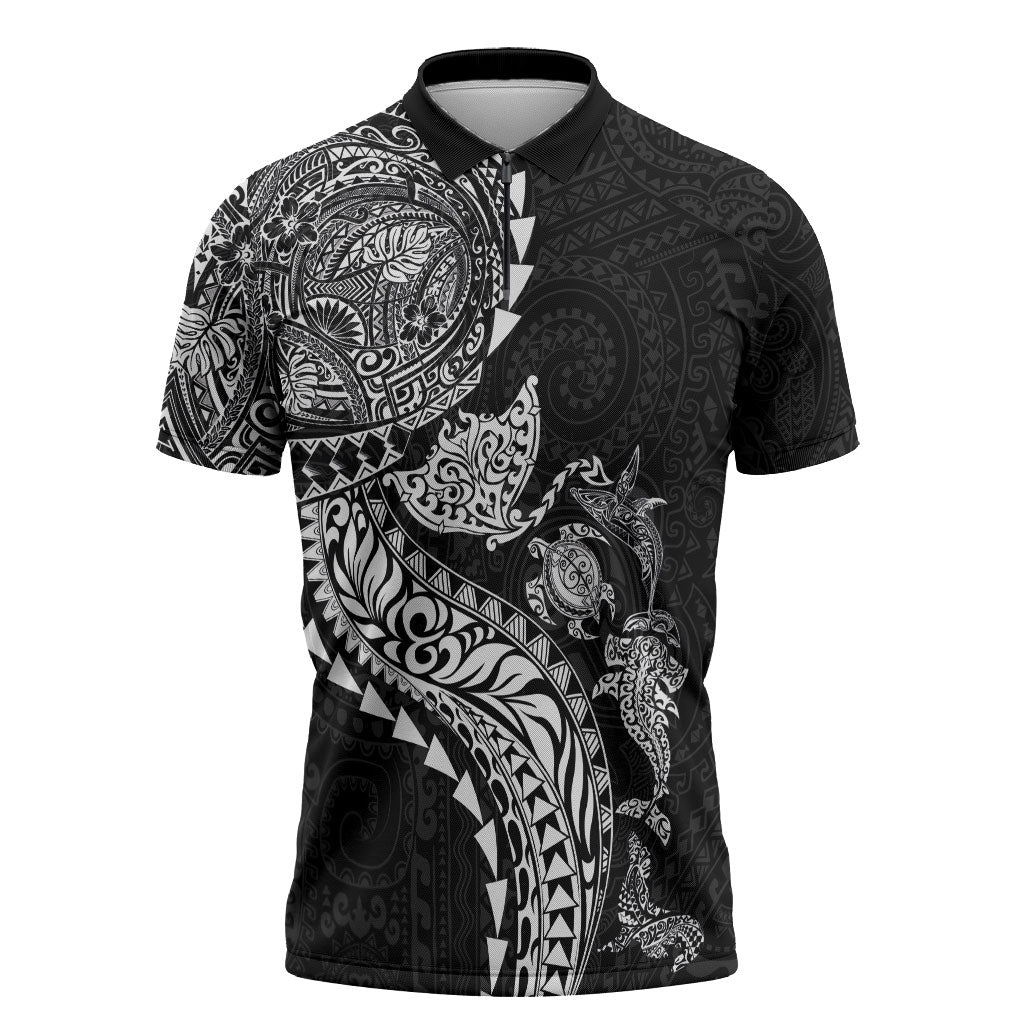Hawaiian Kakau Tribal Sea Animals Tattoos Zipper Polo Shirt Black Color LT03 Black - Polynesian Pride