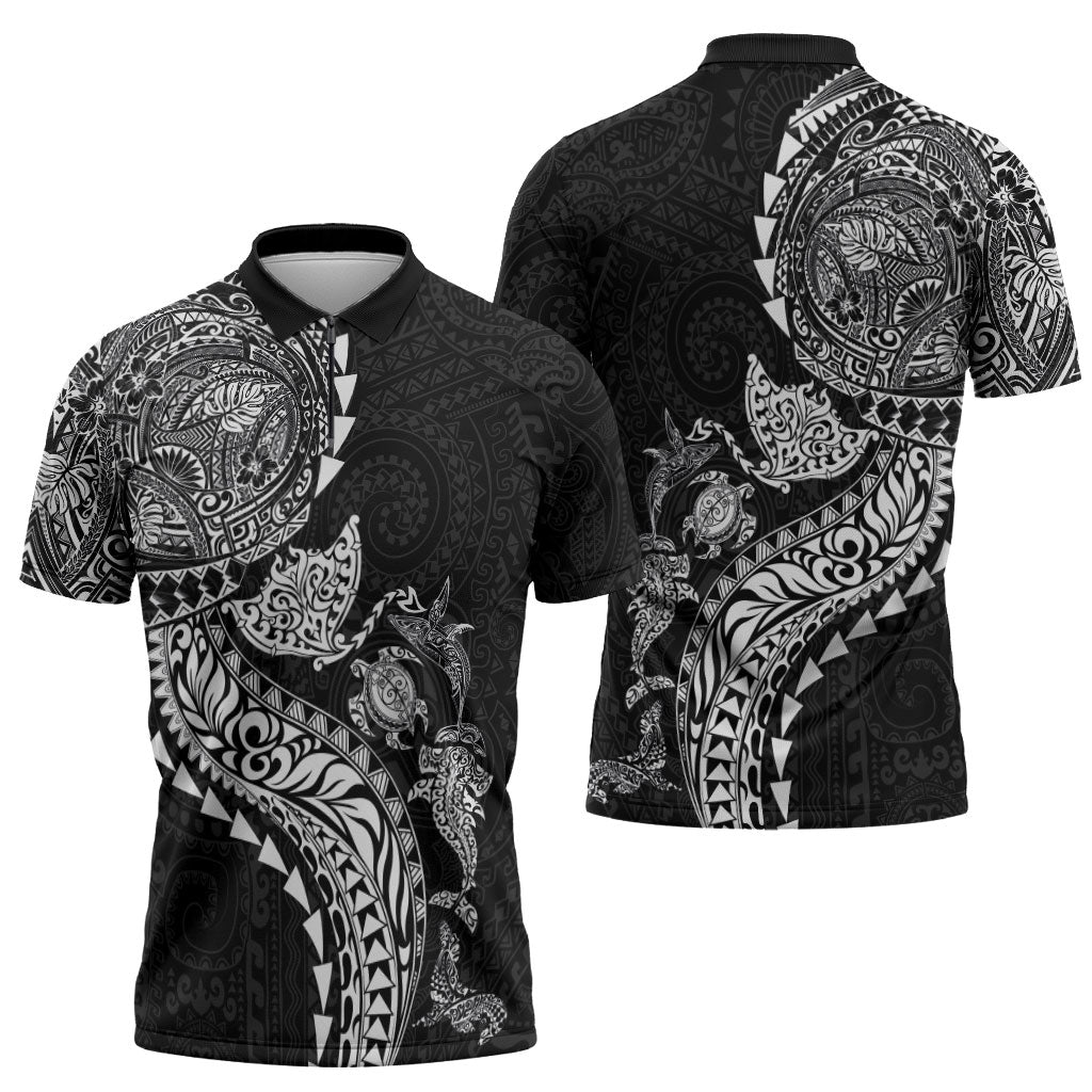 Hawaiian Kakau Tribal Sea Animals Tattoos Zipper Polo Shirt Black Color LT03 - Polynesian Pride