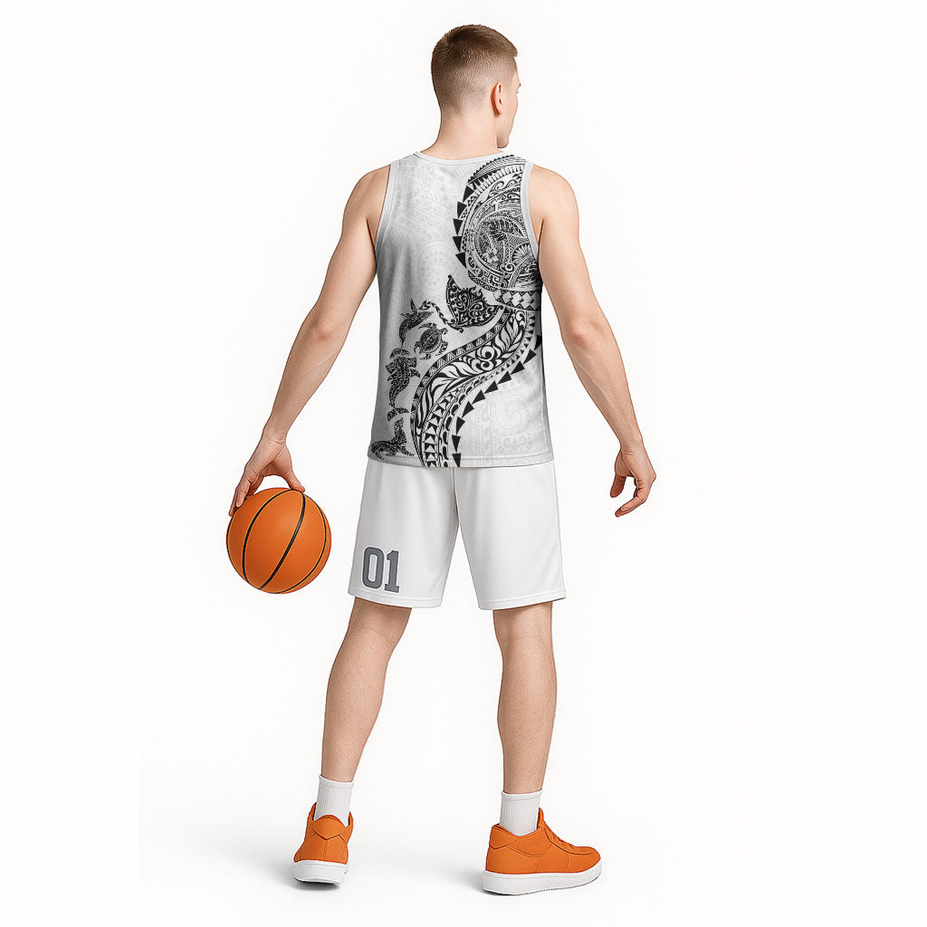 Hawaiian Kakau Tribal Sea Animals Tattoos Basketball Jersey White Color LT03 - Polynesian Pride
