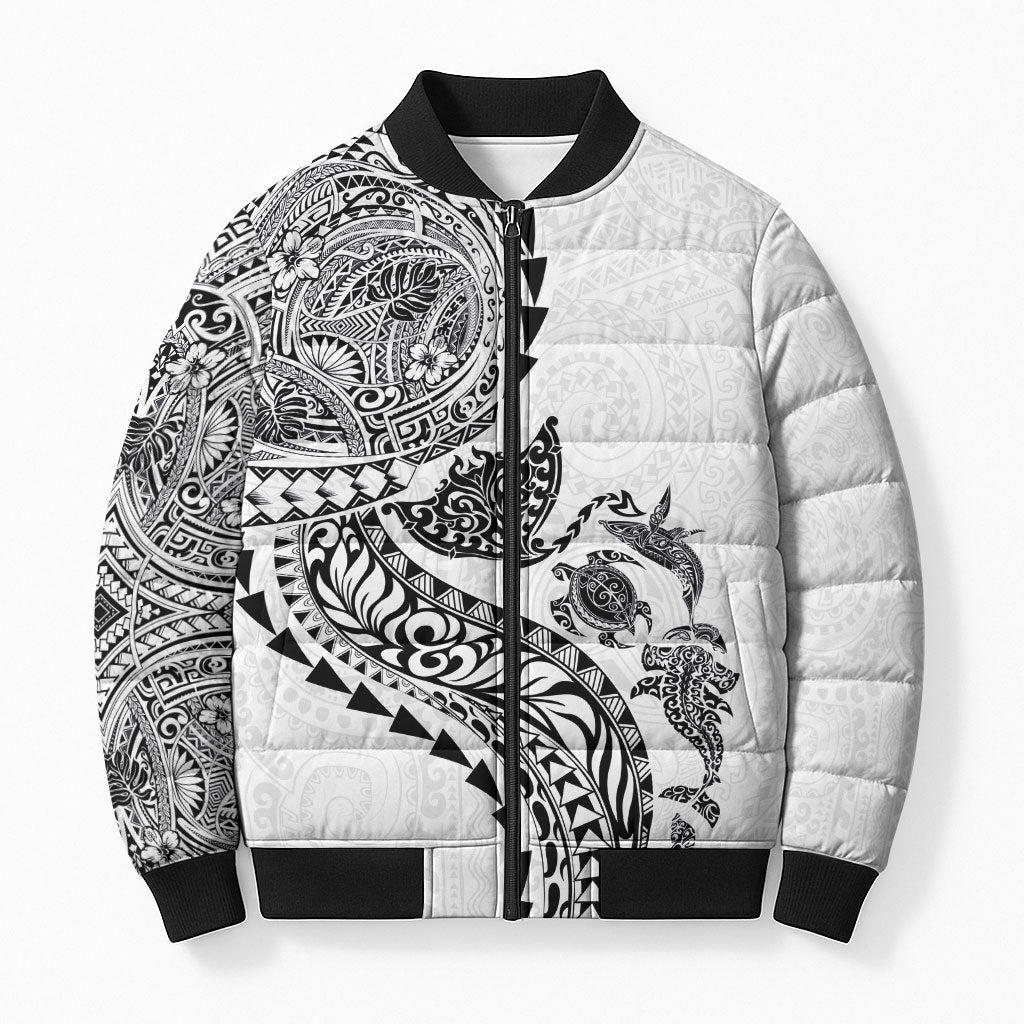 Hawaiian Kakau Tribal Sea Animals Tattoos Bomber Puffer Jacket White Color