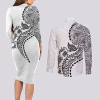 Hawaiian Kakau Tribal Sea Animals Tattoos Couples Matching Long Sleeve Bodycon Dress and Long Sleeve Button Shirt White Color LT03 - Polynesian Pride