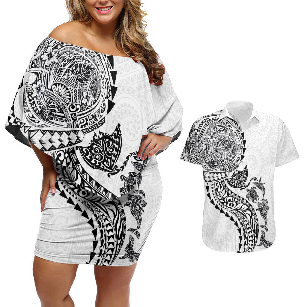 Hawaiian Kakau Tribal Sea Animals Tattoos Couples Matching Off Shoulder Short Dress and Hawaiian Shirt White Color