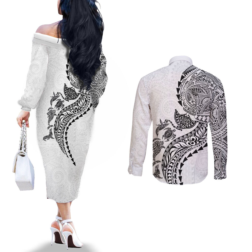 Hawaiian Kakau Tribal Sea Animals Tattoos Couples Matching Off The Shoulder Long Sleeve Dress and Long Sleeve Button Shirt White Color LT03 - Polynesian Pride