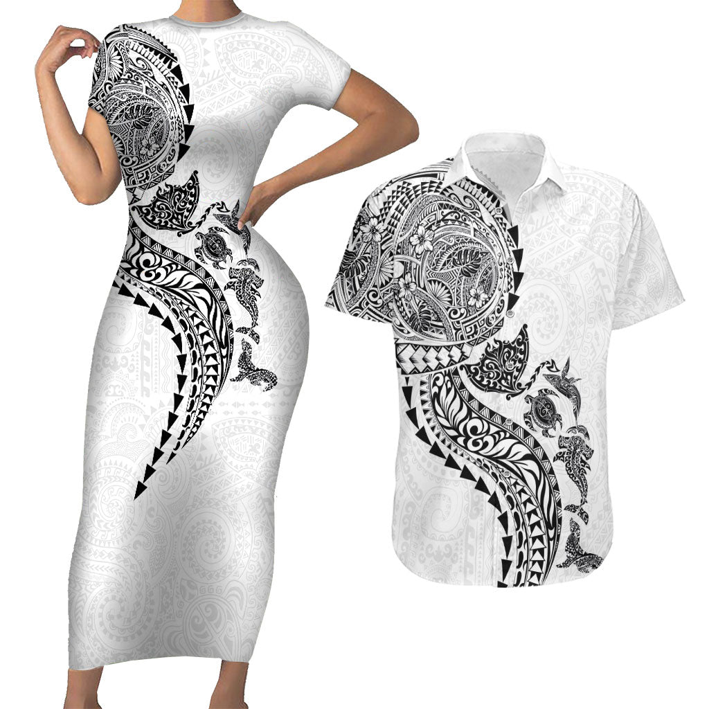 Hawaiian Kakau Tribal Sea Animals Tattoos Couples Matching Short Sleeve Bodycon Dress and Hawaiian Shirt White Color LT03 White - Polynesian Pride