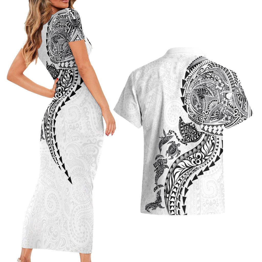 Hawaiian Kakau Tribal Sea Animals Tattoos Couples Matching Short Sleeve Bodycon Dress and Hawaiian Shirt White Color LT03 - Polynesian Pride