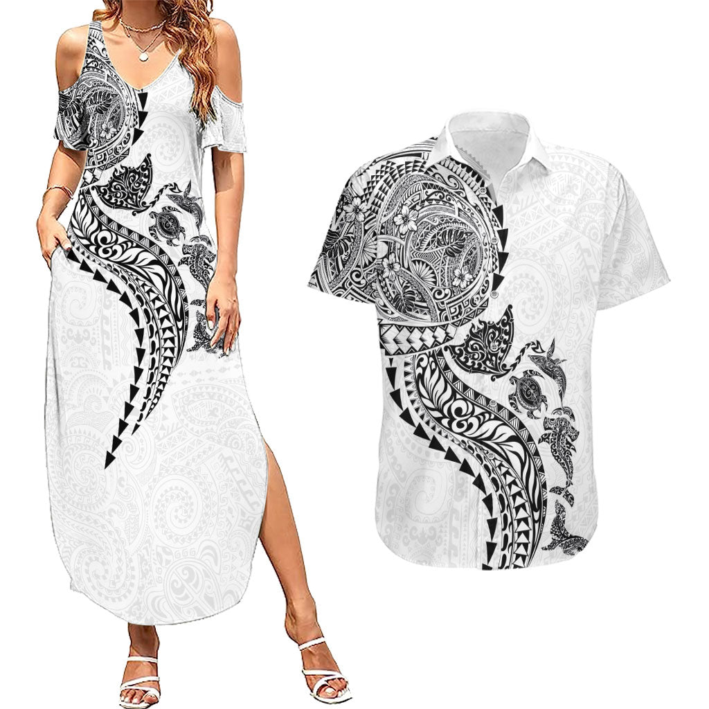Hawaiian Kakau Tribal Sea Animals Tattoos Couples Matching Summer Maxi Dress and Hawaiian Shirt White Color LT03 White - Polynesian Pride