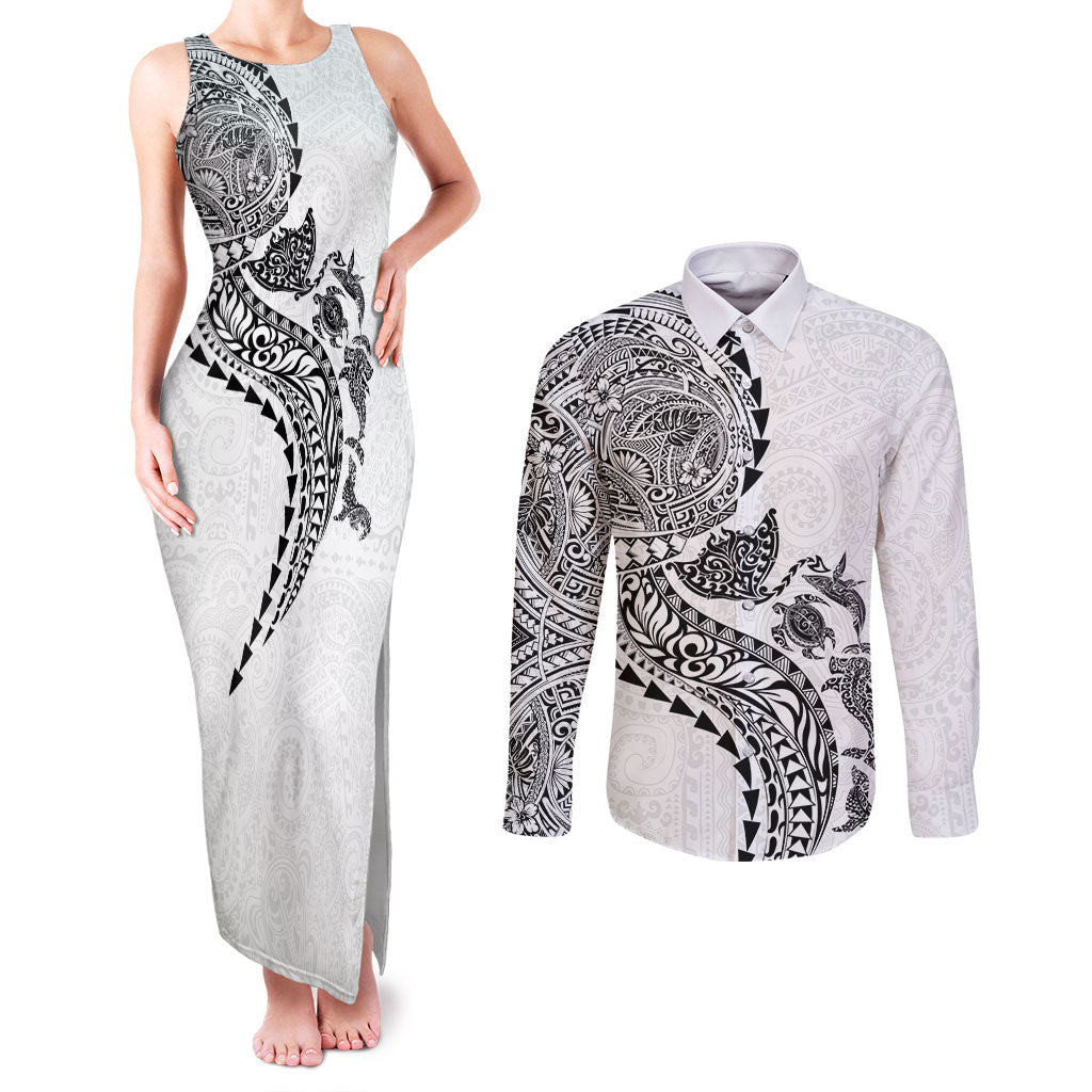 Hawaiian Kakau Tribal Sea Animals Tattoos Couples Matching Tank Maxi Dress and Long Sleeve Button Shirt White Color LT03 White - Polynesian Pride