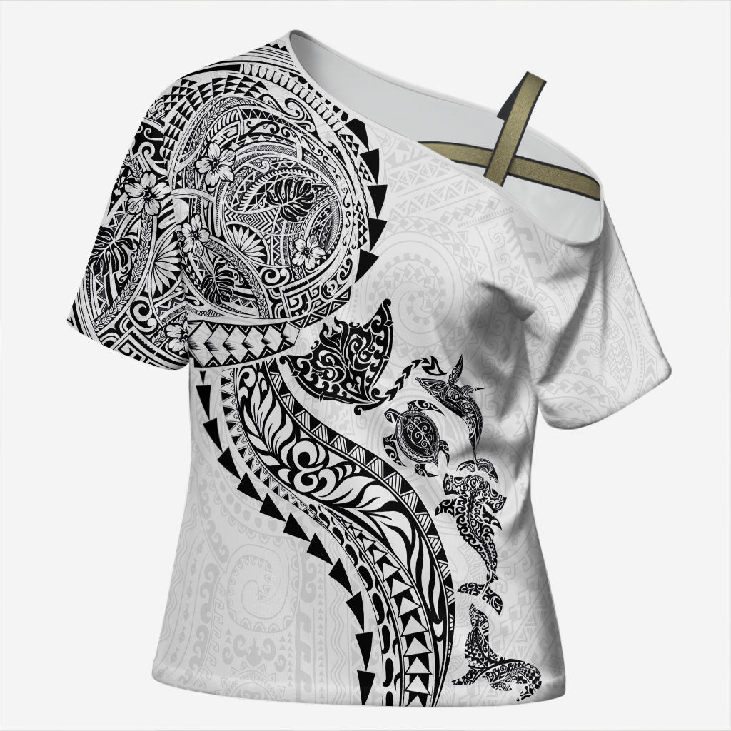 Hawaiian Kakau Tribal Sea Animals Tattoos Cross Shoulder Shirt White Color LT03 Female White - Polynesian Pride