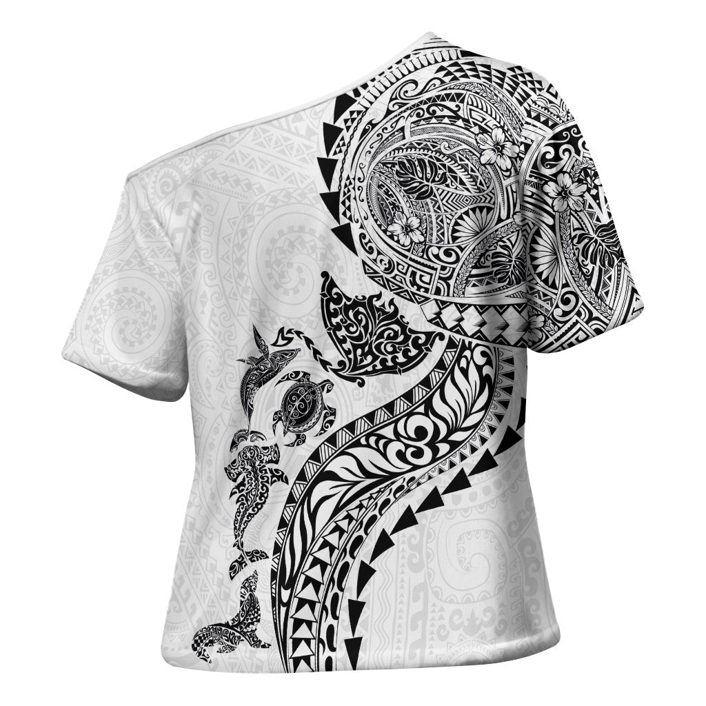 Hawaiian Kakau Tribal Sea Animals Tattoos Cross Shoulder Shirt White Color LT03 - Polynesian Pride