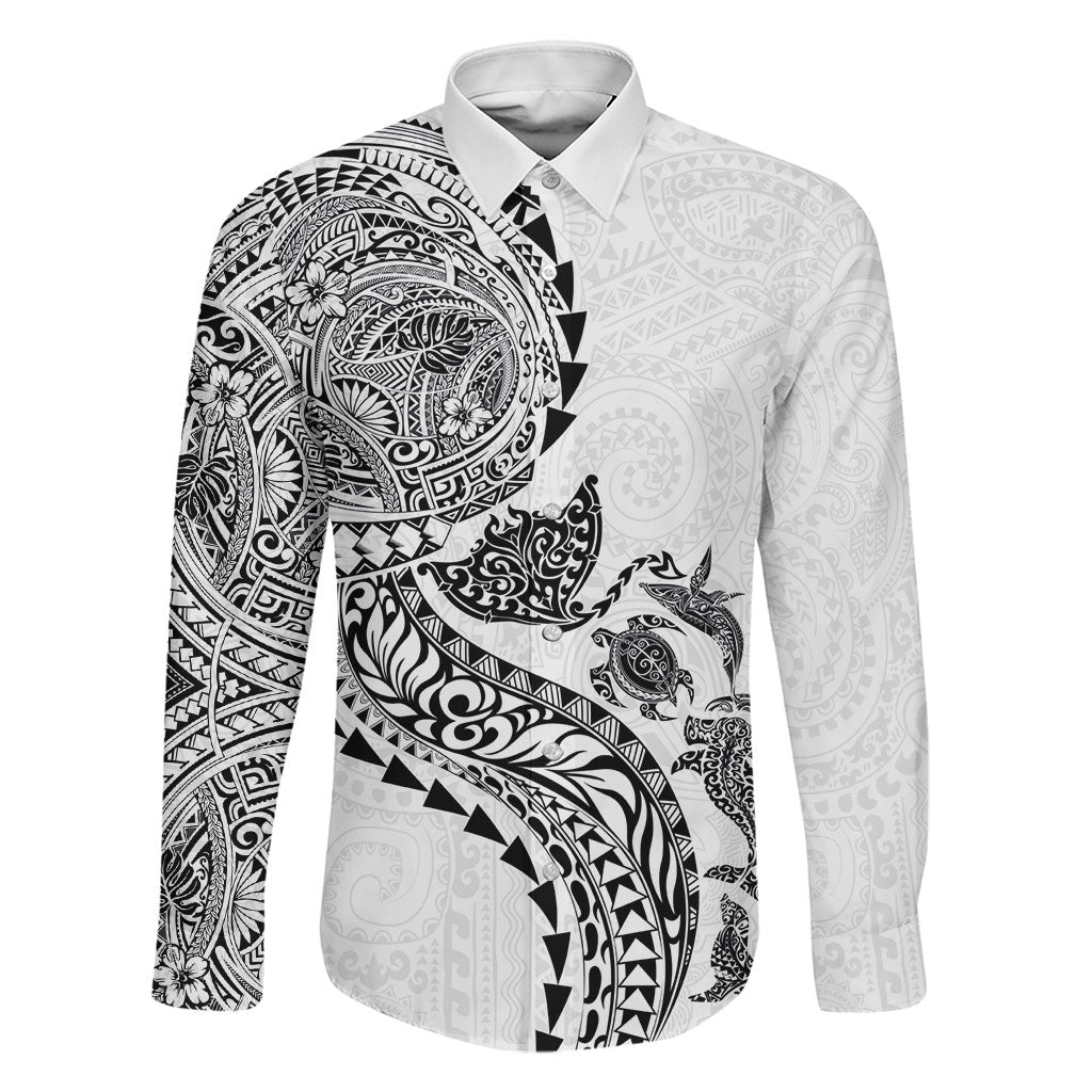 Hawaiian Kakau Tribal Sea Animals Tattoos Family Matching Long Sleeve Bodycon Dress and Hawaiian Shirt White Color LT03 Dad's Shirt - Long Sleeve White - Polynesian Pride