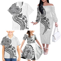 Hawaiian Kakau Tribal Sea Animals Tattoos Family Matching Off The Shoulder Long Sleeve Dress and Hawaiian Shirt White Color LT03 - Polynesian Pride