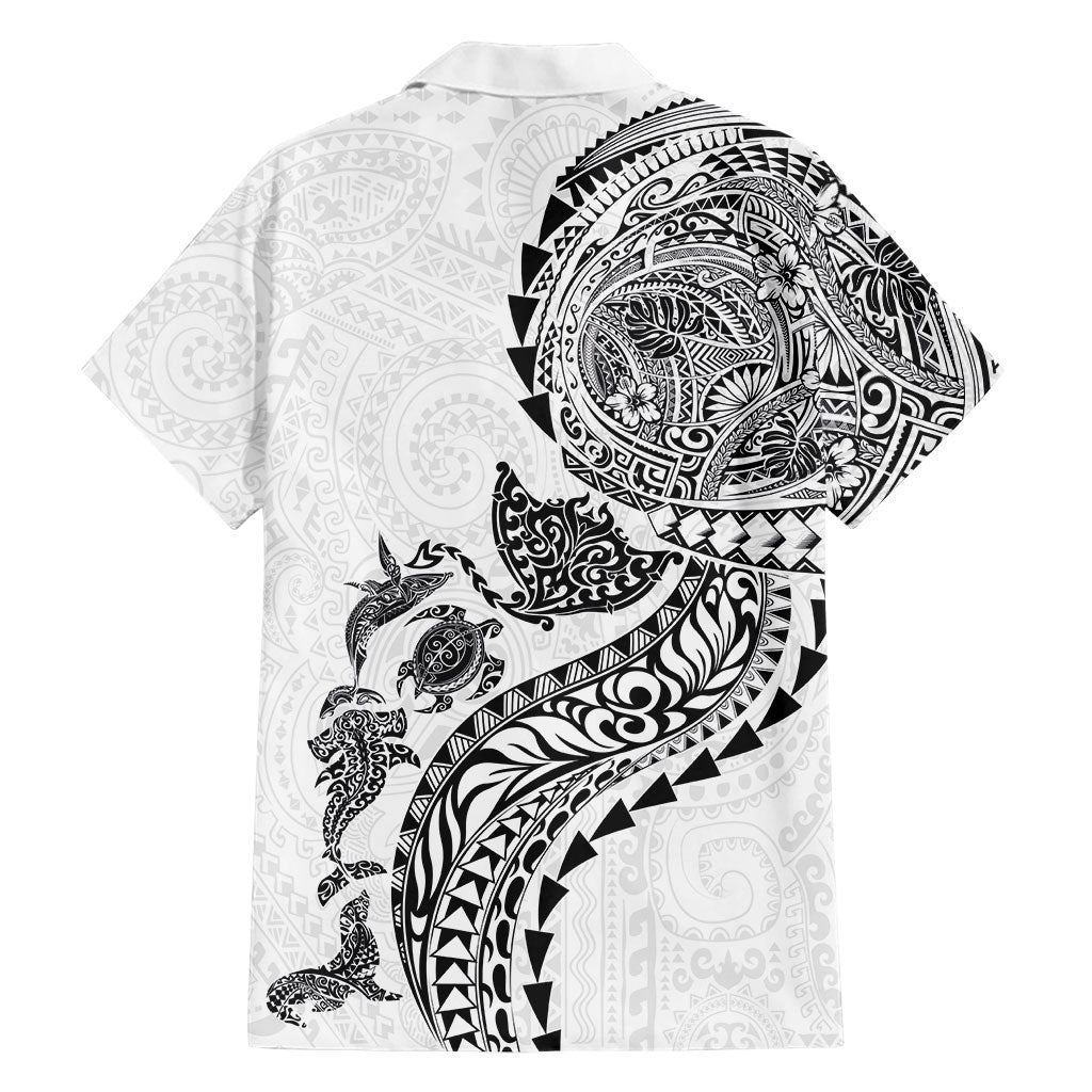Hawaiian Kakau Tribal Sea Animals Tattoos Family Matching Off The Shoulder Long Sleeve Dress and Hawaiian Shirt White Color LT03 - Polynesian Pride