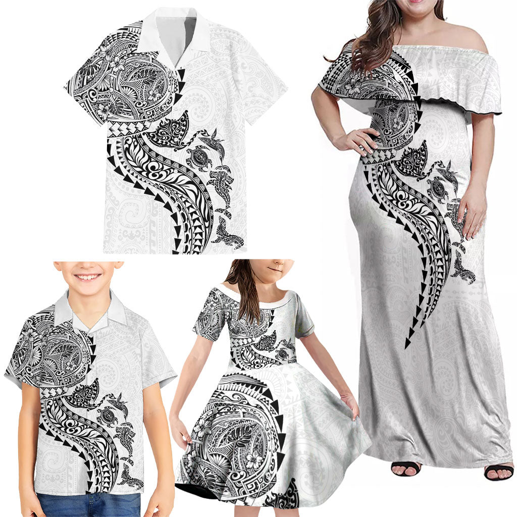 Hawaiian Kakau Tribal Sea Animals Tattoos Family Matching Off Shoulder Maxi Dress and Hawaiian Shirt White Color