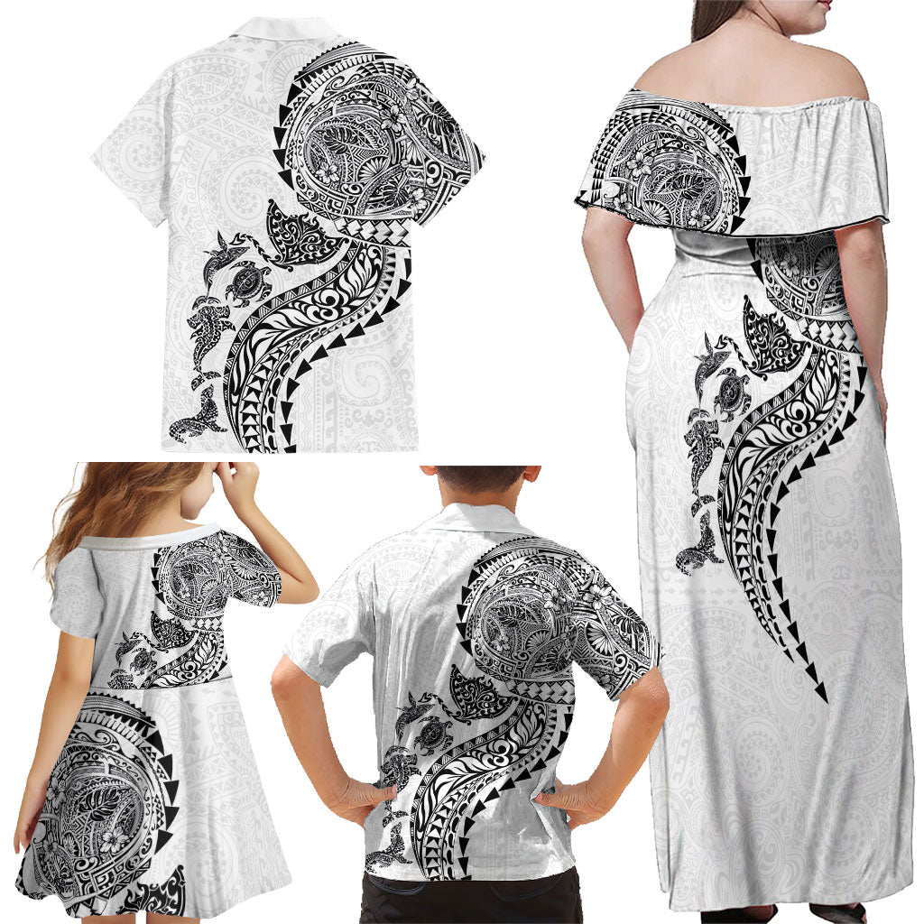 Hawaiian Kakau Tribal Sea Animals Tattoos Family Matching Off Shoulder Maxi Dress and Hawaiian Shirt White Color LT03 - Polynesian Pride