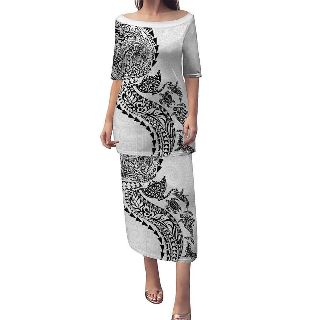 Hawaiian Kakau Tribal Sea Animals Tattoos Family Matching Puletasi and Hawaiian Shirt White Color LT03 Mom's Dress White - Polynesian Pride