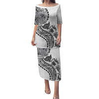 Hawaiian Kakau Tribal Sea Animals Tattoos Family Matching Puletasi and Hawaiian Shirt White Color LT03 Mom's Dress White - Polynesian Pride