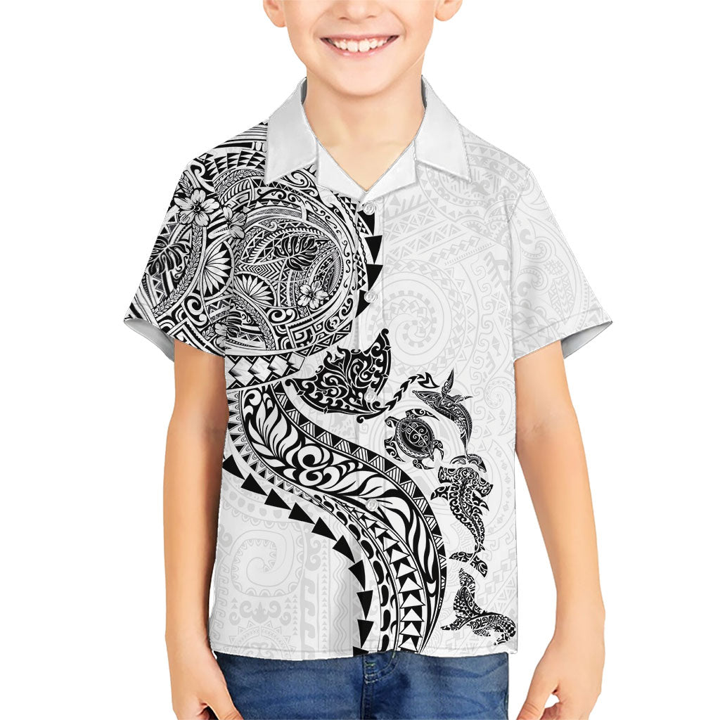 Hawaiian Kakau Tribal Sea Animals Tattoos Family Matching Puletasi and Hawaiian Shirt White Color LT03 Son's Shirt White - Polynesian Pride