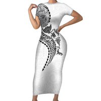 Hawaiian Kakau Tribal Sea Animals Tattoos Family Matching Short Sleeve Bodycon Dress and Hawaiian Shirt White Color LT03 Mom's Dress White - Polynesian Pride