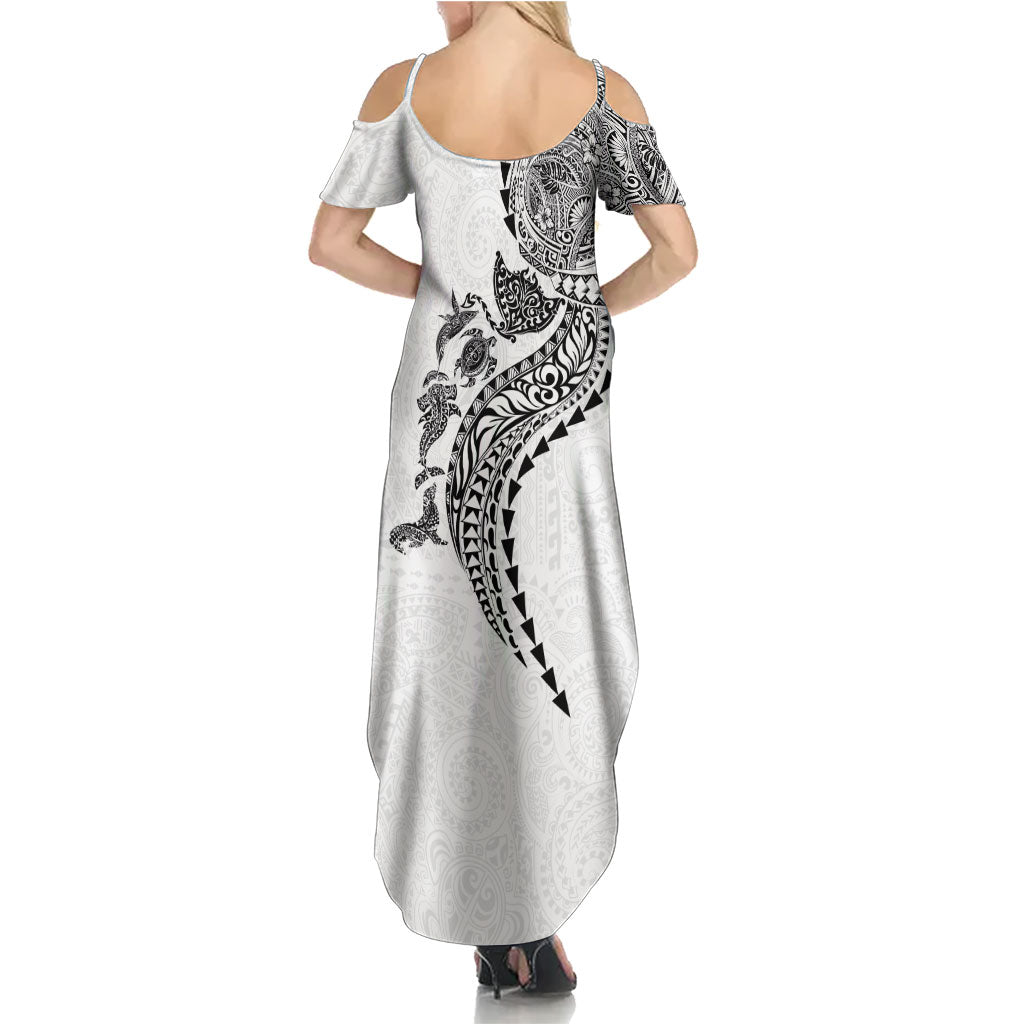 Hawaiian Kakau Tribal Sea Animals Tattoos Family Matching Summer Maxi Dress and Hawaiian Shirt White Color LT03 - Polynesian Pride