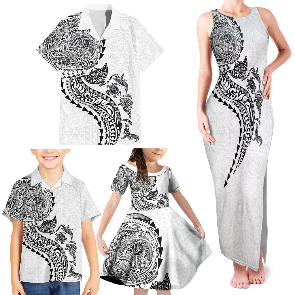 Hawaiian Kakau Tribal Sea Animals Tattoos Family Matching Tank Maxi Dress and Hawaiian Shirt White Color LT03 - Polynesian Pride