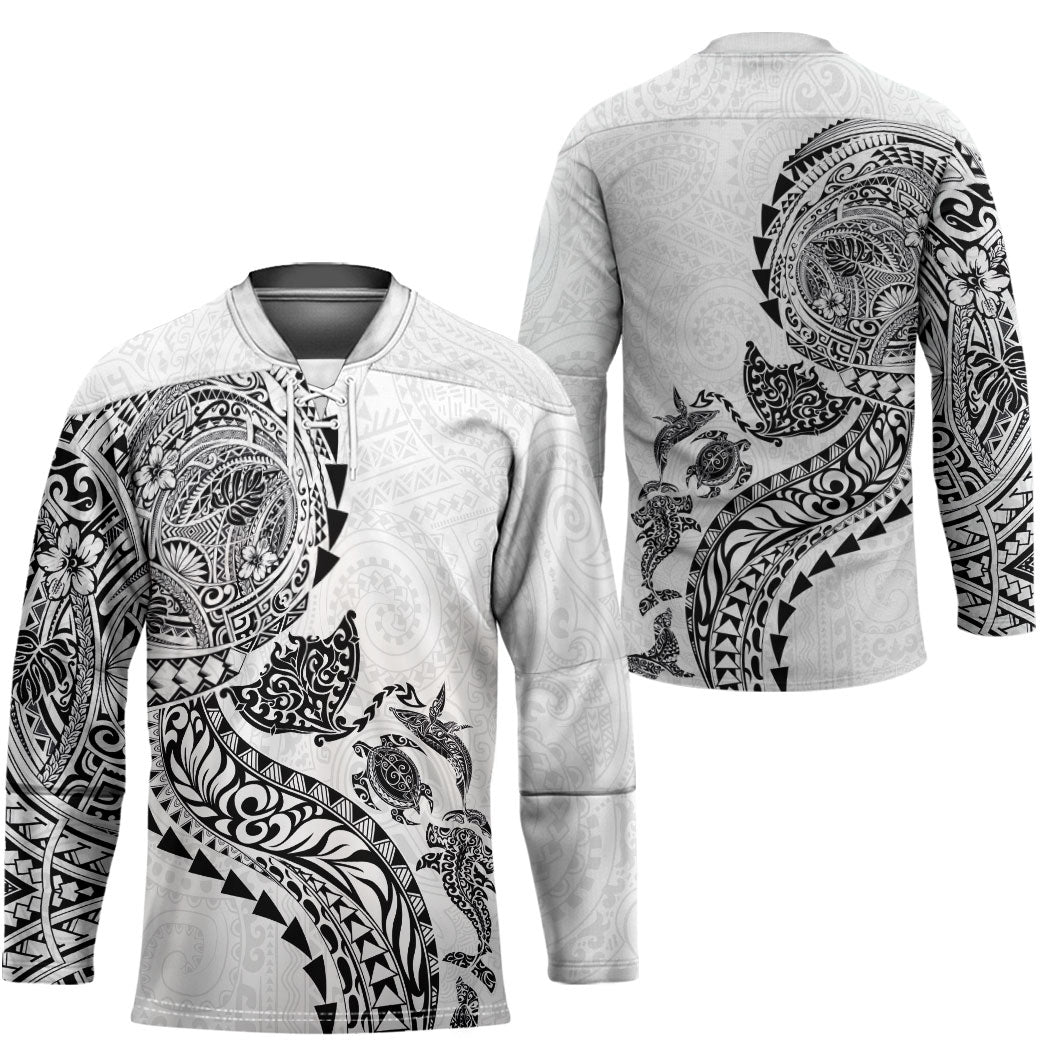 Hawaiian Kakau Tribal Sea Animals Tattoos Hockey Jersey White Color LT03 - Polynesian Pride