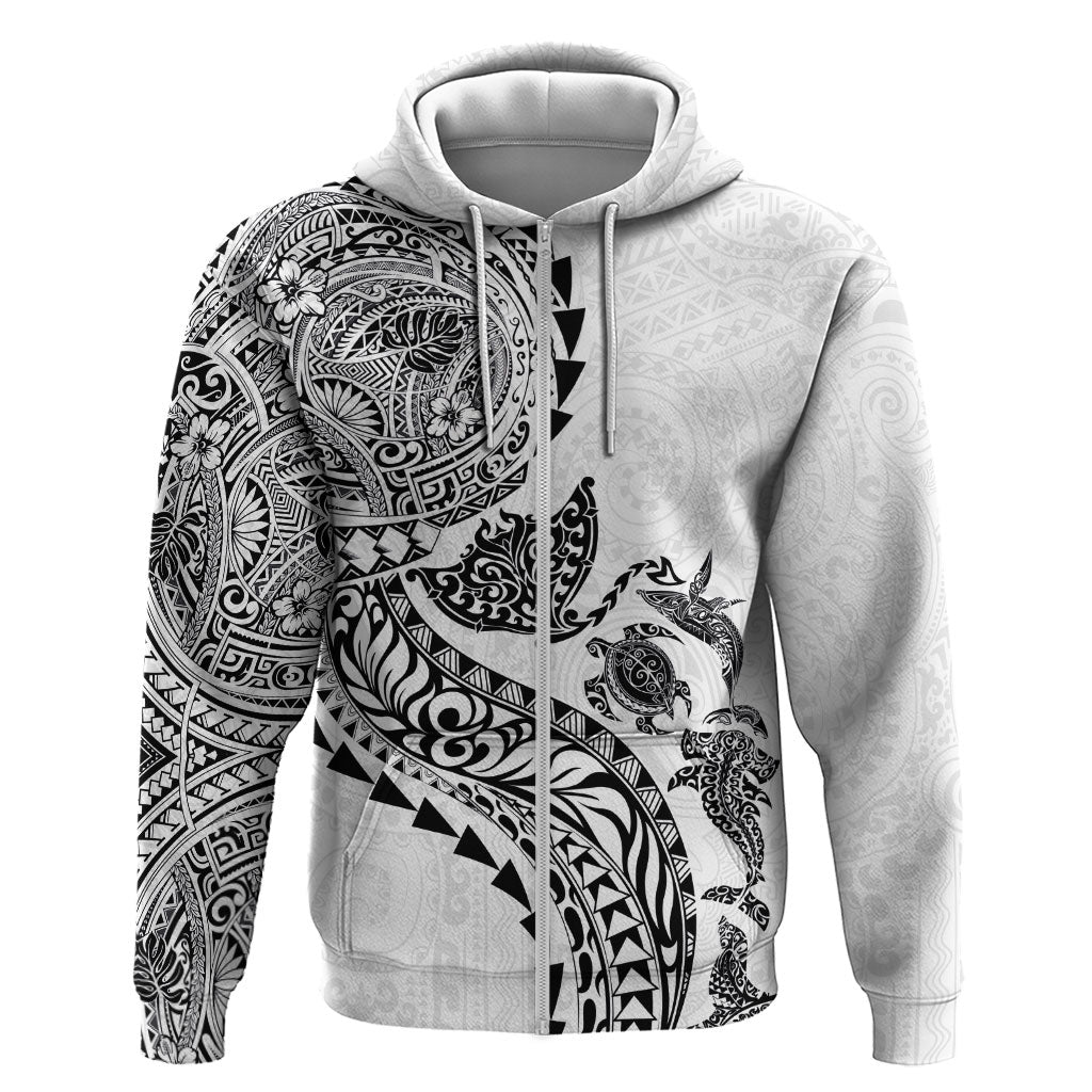 Hawaiian Kakau Tribal Sea Animals Tattoos Hoodie White Color LT03 Zip Hoodie White - Polynesian Pride