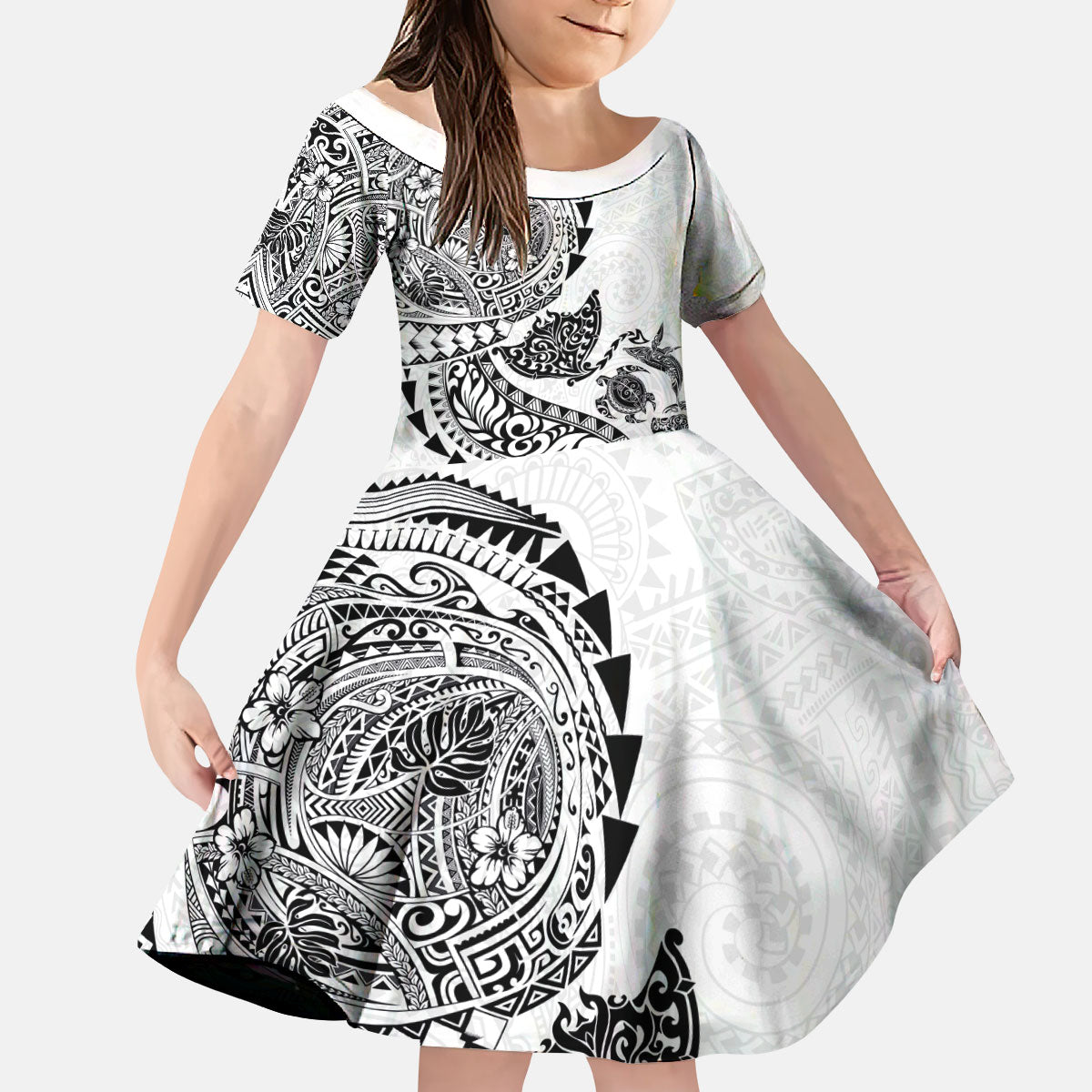 Hawaiian Kakau Tribal Sea Animals Tattoos Kid Short Sleeve Dress White Color