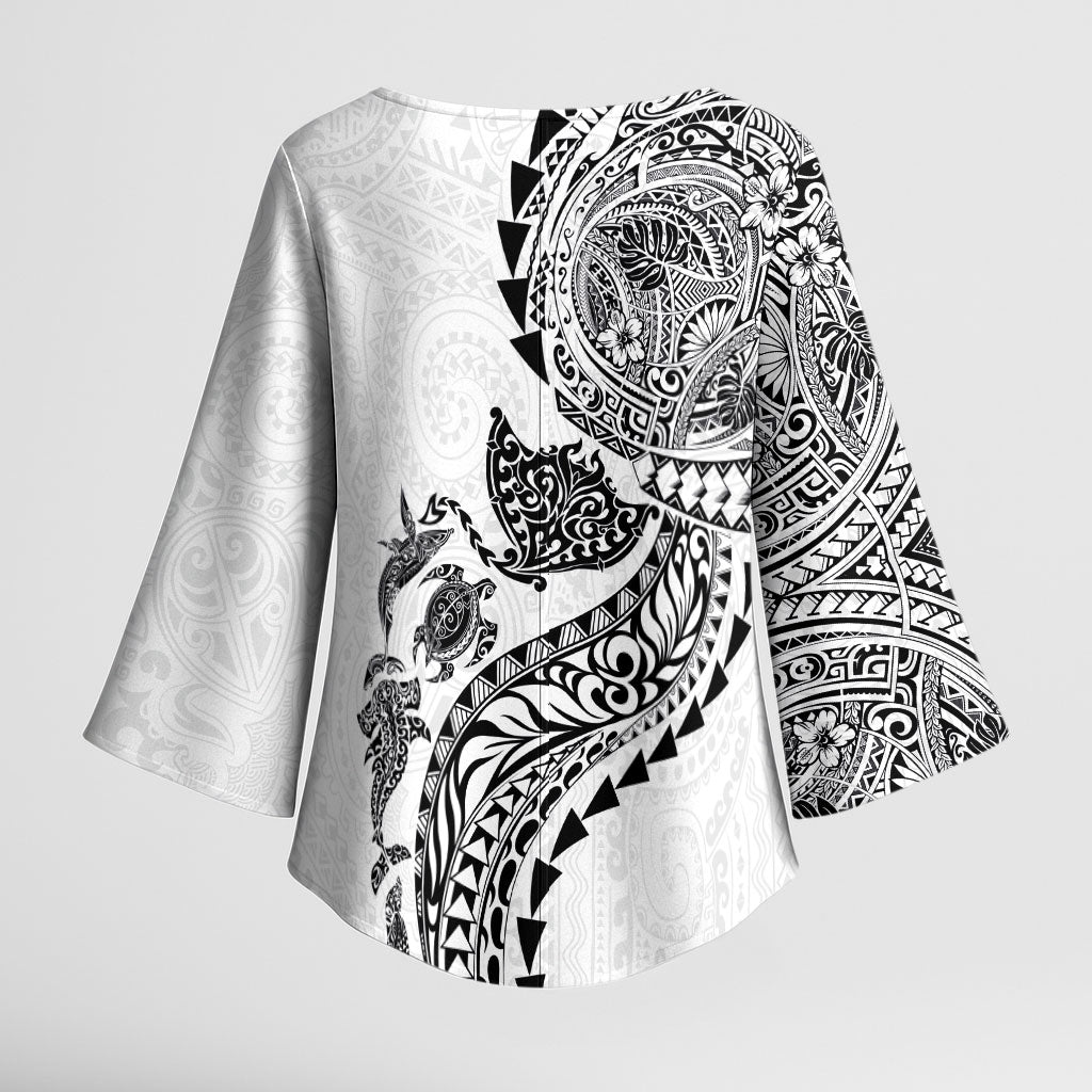 Hawaiian Kakau Tribal Sea Animals Tattoos Kimono Sleeve Blouse White Color