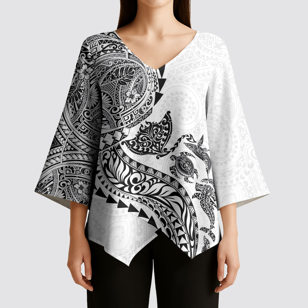 Hawaiian Kakau Tribal Sea Animals Tattoos Kimono Sleeve Blouse White Color