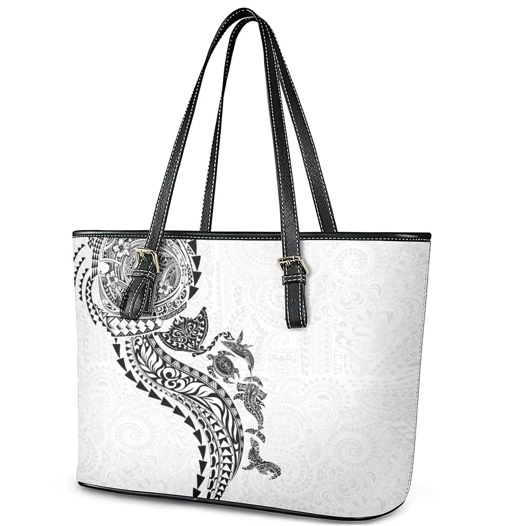 Hawaiian Kakau Tribal Sea Animals Tattoos Leather Tote Bag White Color