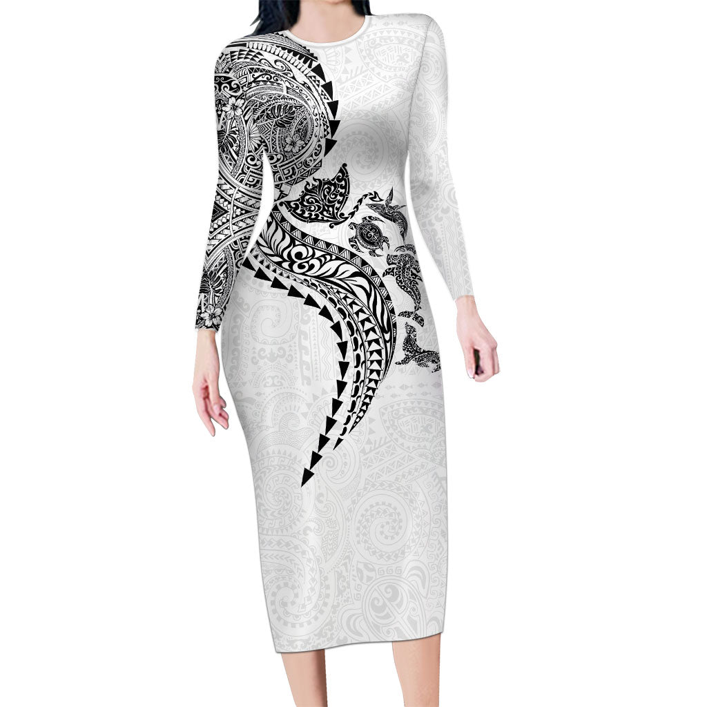 Hawaiian Kakau Tribal Sea Animals Tattoos Long Sleeve Bodycon Dress White Color LT03 Long Dress White - Polynesian Pride