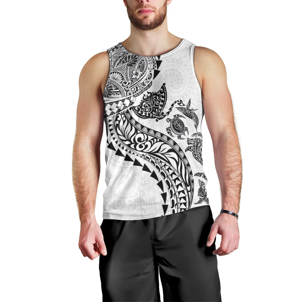 Hawaiian Kakau Tribal Sea Animals Tattoos Men Tank Top White Color