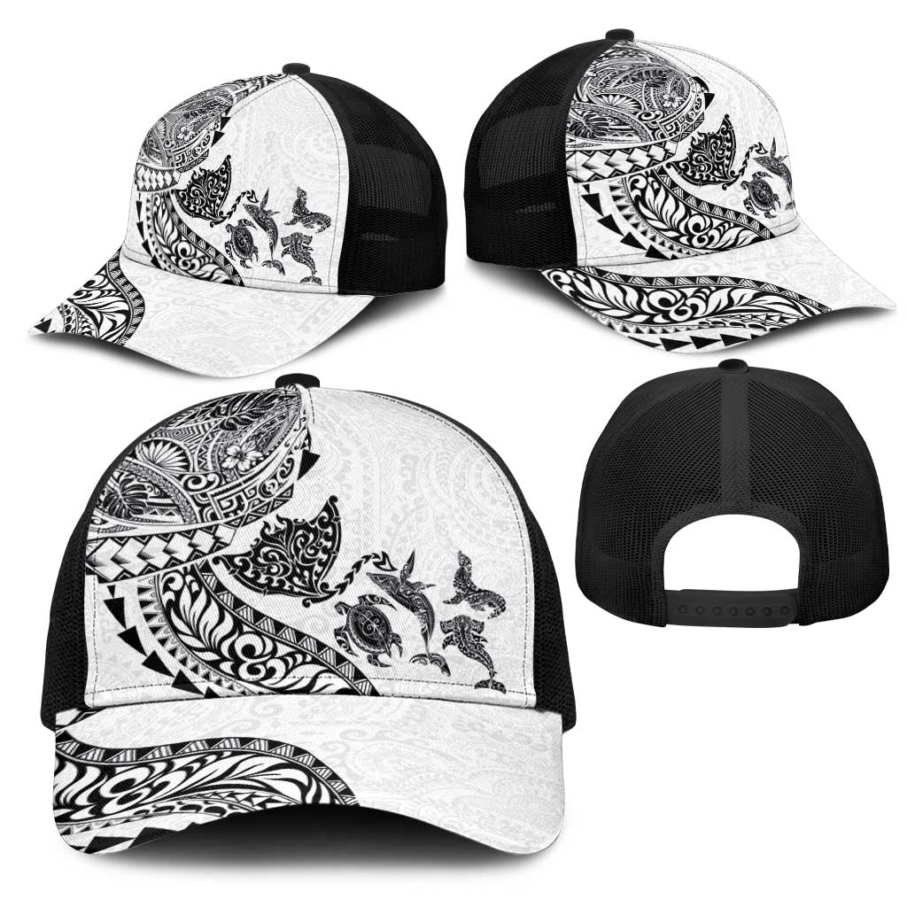 Hawaiian Kakau Tribal Sea Animals Tattoos Mesh Trucker Cap White Color