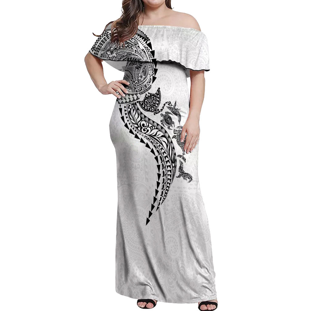Hawaiian Kakau Tribal Sea Animals Tattoos Off Shoulder Maxi Dress White Color LT03 Women White - Polynesian Pride