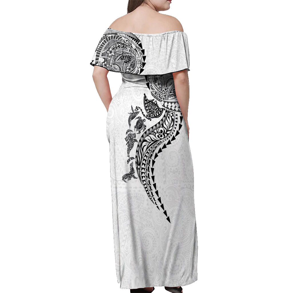 Hawaiian Kakau Tribal Sea Animals Tattoos Off Shoulder Maxi Dress White Color LT03 - Polynesian Pride