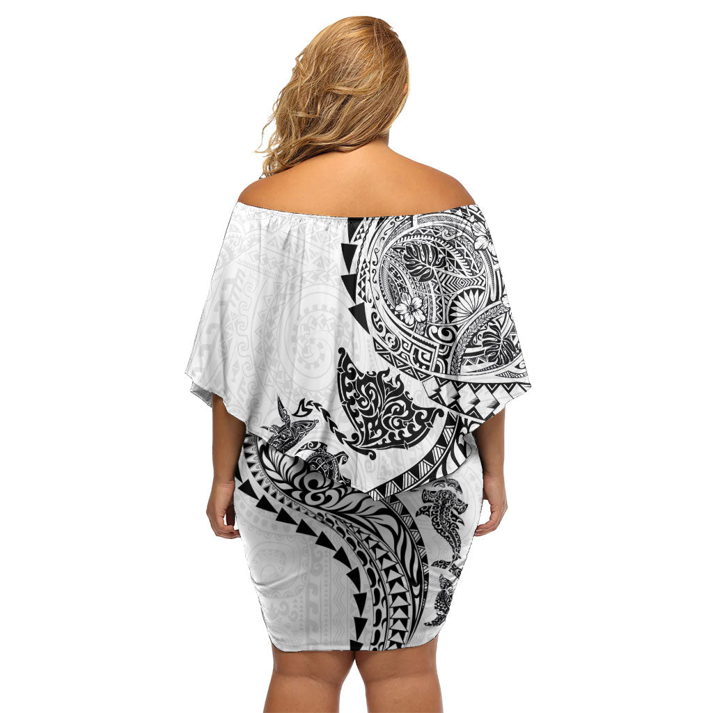 Hawaiian Kakau Tribal Sea Animals Tattoos Off Shoulder Short Dress White Color LT03 - Polynesian Pride
