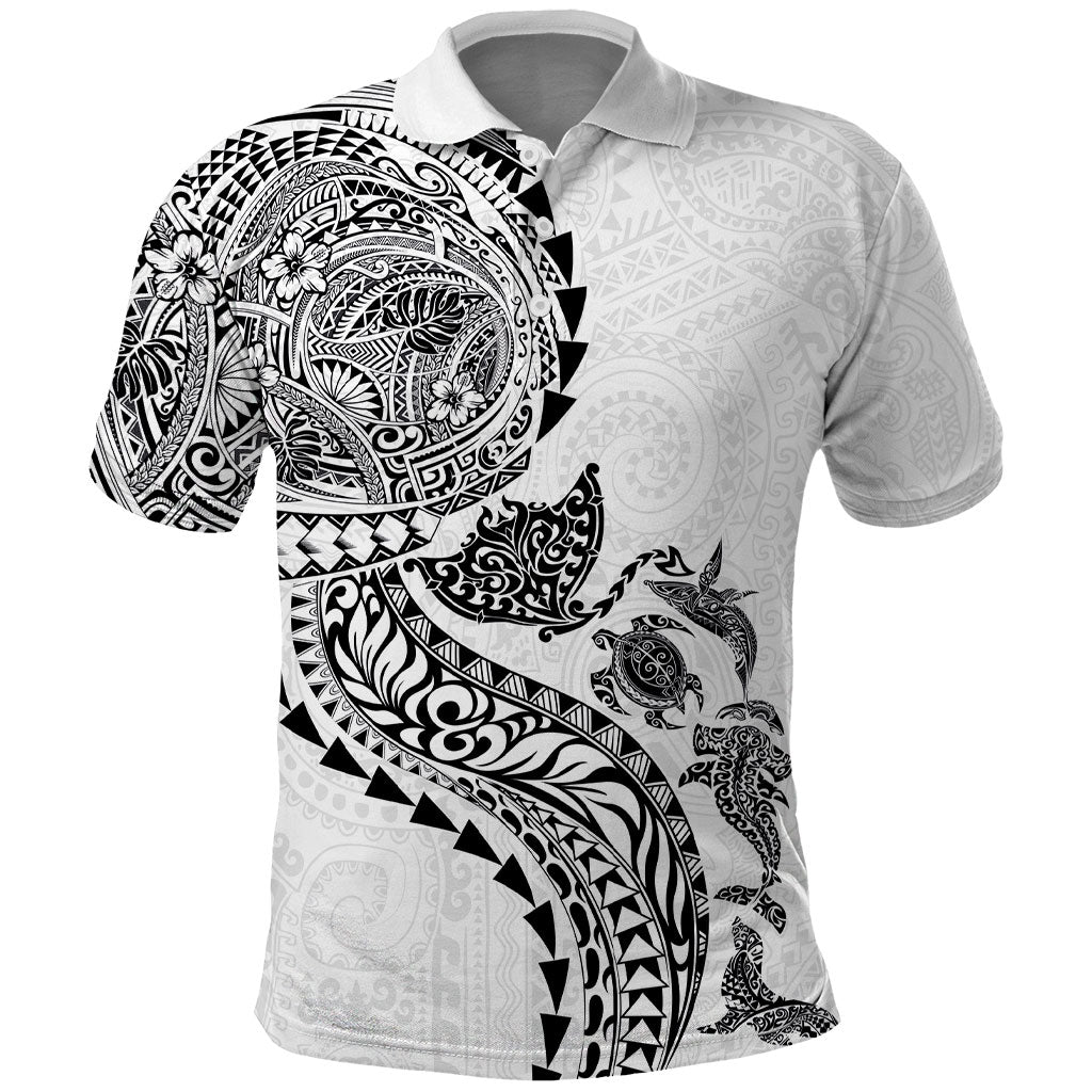 Hawaiian Kakau Tribal Sea Animals Tattoos Polo Shirt White Color LT03 White - Polynesian Pride