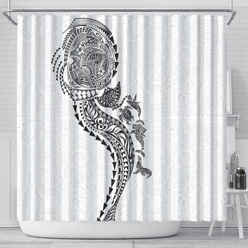 Hawaiian Kakau Tribal Sea Animals Tattoos Shower Curtain White Color