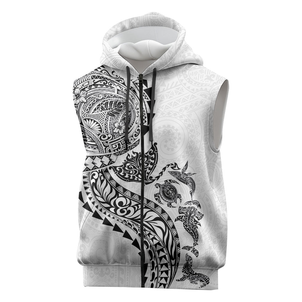 Hawaiian Kakau Tribal Sea Animals Tattoos Sleeveless Zip Hoodie White Color LT03 White - Polynesian Pride