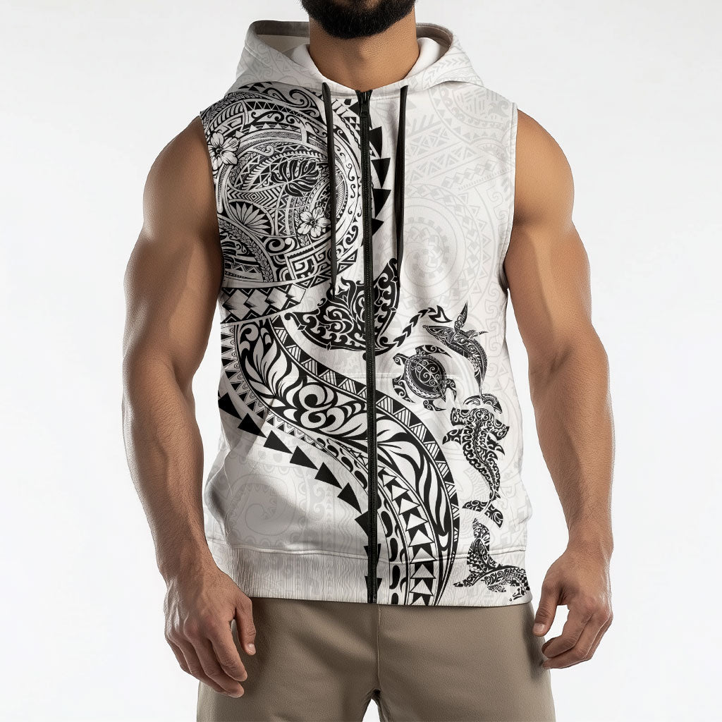 Hawaiian Kakau Tribal Sea Animals Tattoos Sleeveless Zip Hoodie White Color LT03 - Polynesian Pride